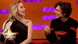 Saoirse Ronan amp Timothée Chalamet Joke About Pronouncing Timothée Chalamet [upl. by Aerahs]