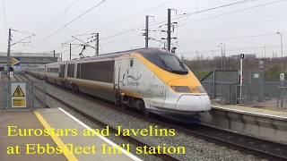 Eurostar and Javelin trains at Ebbsfleet International station UKs Ηigh Speed 1 line [upl. by Annoerb]