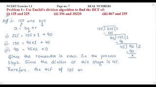 Use Euclids division algorithm to find the HCF ofi 135 and 225 ii 196 and 38220 [upl. by Auqemahs813]