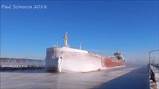 So Cold the Canal Froze  CSL Assiniboine arrives Duluth MN breaking ice [upl. by Watkin]