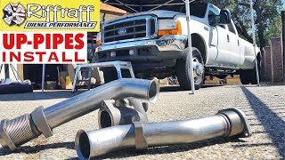 2001 F350 73  RiffRaff UpPipes Install  Stock up pipes leaking and falling apart JUNK SP [upl. by Stanhope]