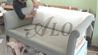 DIY  HOW TO REUPHOLSTER A COUCH WITH ROLL ARMS  ALO Upholstery [upl. by Liddle133]