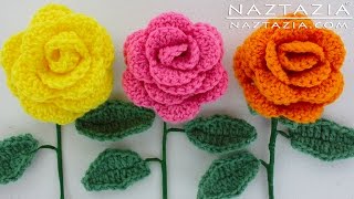 HOW to CROCHET a BEGINNER EASY FLOWER  DIY Rose Rosas Bouquet Flowers Leaf Leaves Stem Tutorial [upl. by Tikna100]