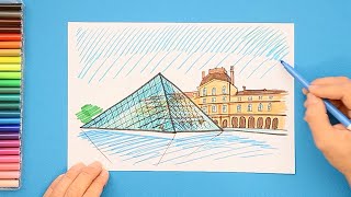 How to draw the Louvre Museum Paris [upl. by Cutcliffe]