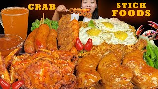 Stick Food Mukbang  Eating Super Spicy Noodles  Chicken Adobo  Fried Crab  Fish Ball  Sausages [upl. by Einnok]