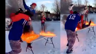 Wild Bills Fan Sets Himself On Fire After Slamming Through A Burning Table On Game Day [upl. by Ailyt]