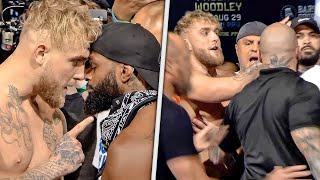 Jake Paul vs Tyron Woodley  FACEOFF EXPLODES SHOVES   ShowTime Boxing PPV [upl. by Atinus]